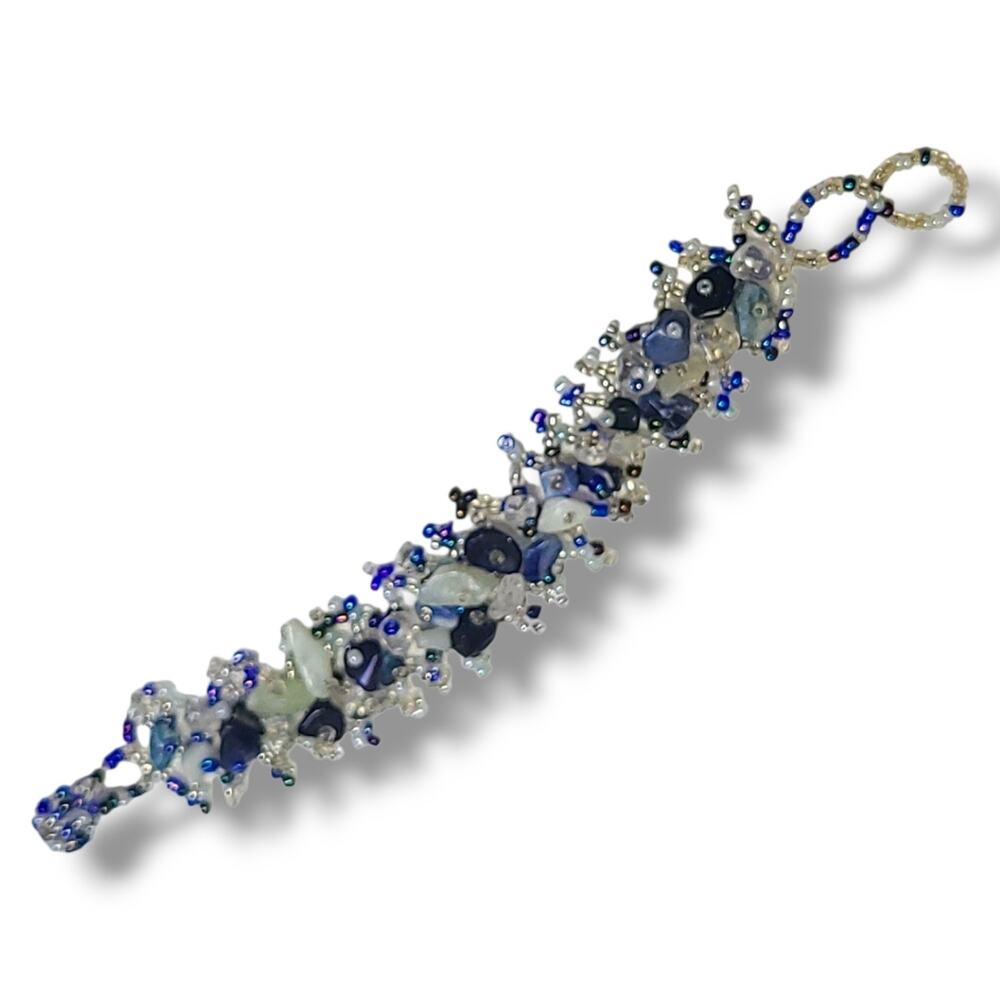 Blue & White Glass‎ Bead Woven Wide Cuff Wrap Bracelet 7"